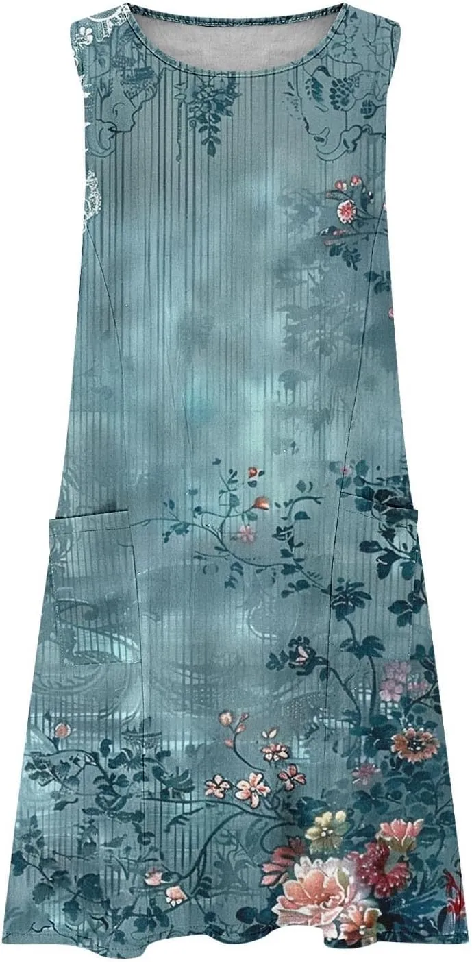 Sundresses for Women 2025 Crew Neck Sleeveless Cotton Linen Mini Dress Cute Floral Printed Tank Dress with Pockets