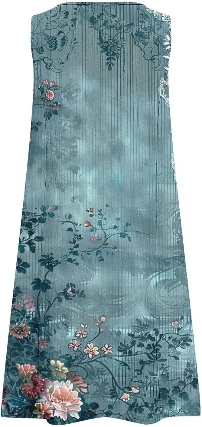 Sundresses for Women 2025 Crew Neck Sleeveless Cotton Linen Mini Dress Cute Floral Printed Tank Dress with Pockets