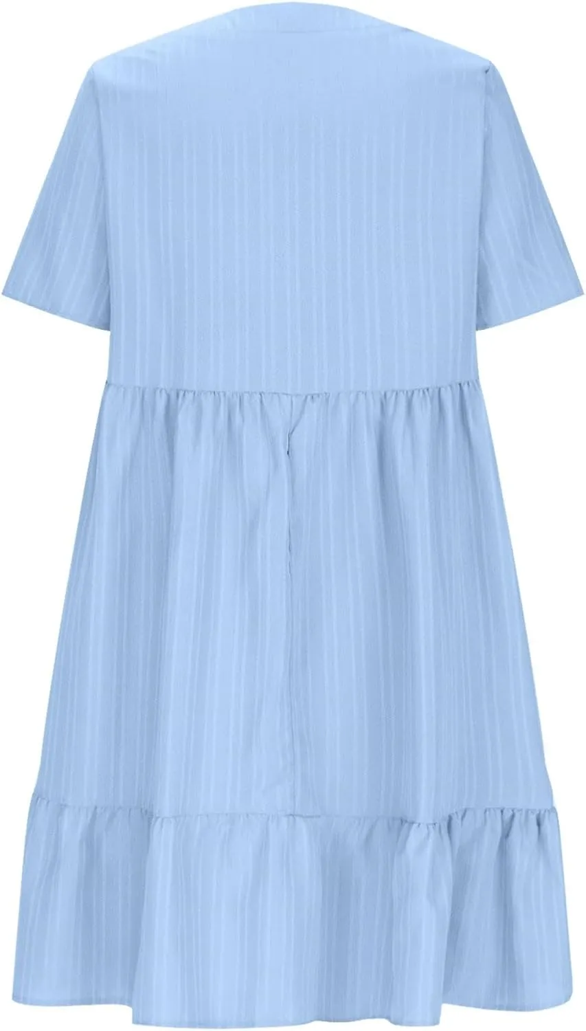 Sundresses for Women 2025 Short Sleeve Elegant Mini Dress Pleated Summer Casual Dresses Flowy V Neck Beach Dress