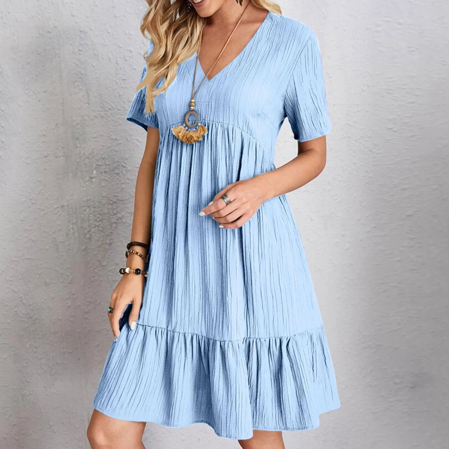 Sundresses for Women 2025 Short Sleeve Elegant Mini Dress Pleated Summer Casual Dresses Flowy V Neck Beach Dress