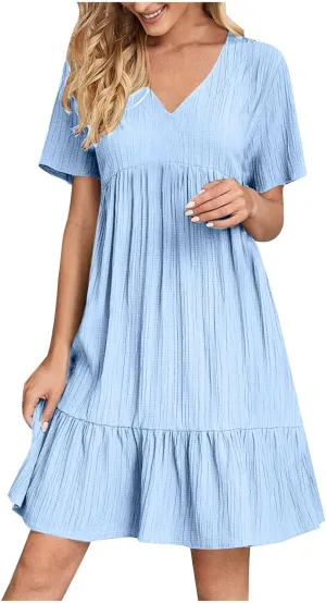 Sundresses for Women 2025 Short Sleeve Elegant Mini Dress Pleated Summer Casual Dresses Flowy V Neck Beach Dress