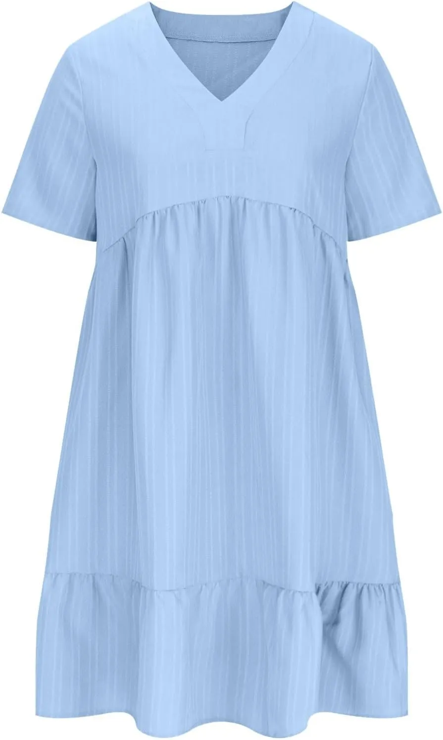 Sundresses for Women 2025 Short Sleeve Elegant Mini Dress Pleated Summer Casual Dresses Flowy V Neck Beach Dress