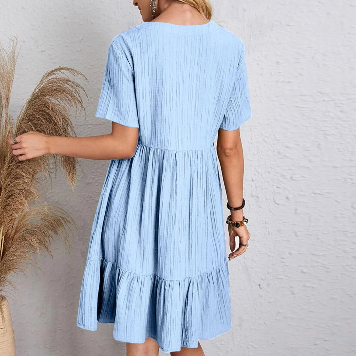 Sundresses for Women 2025 Short Sleeve Elegant Mini Dress Pleated Summer Casual Dresses Flowy V Neck Beach Dress