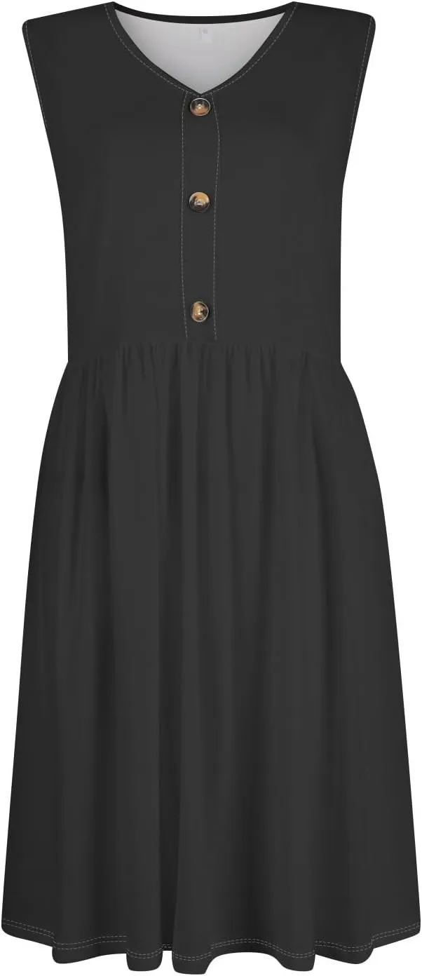 Sundresses for Women 2025 Sleeveless Midi Dress with Pockets V Neck Button Down Summer Dresses for Baech Vacation