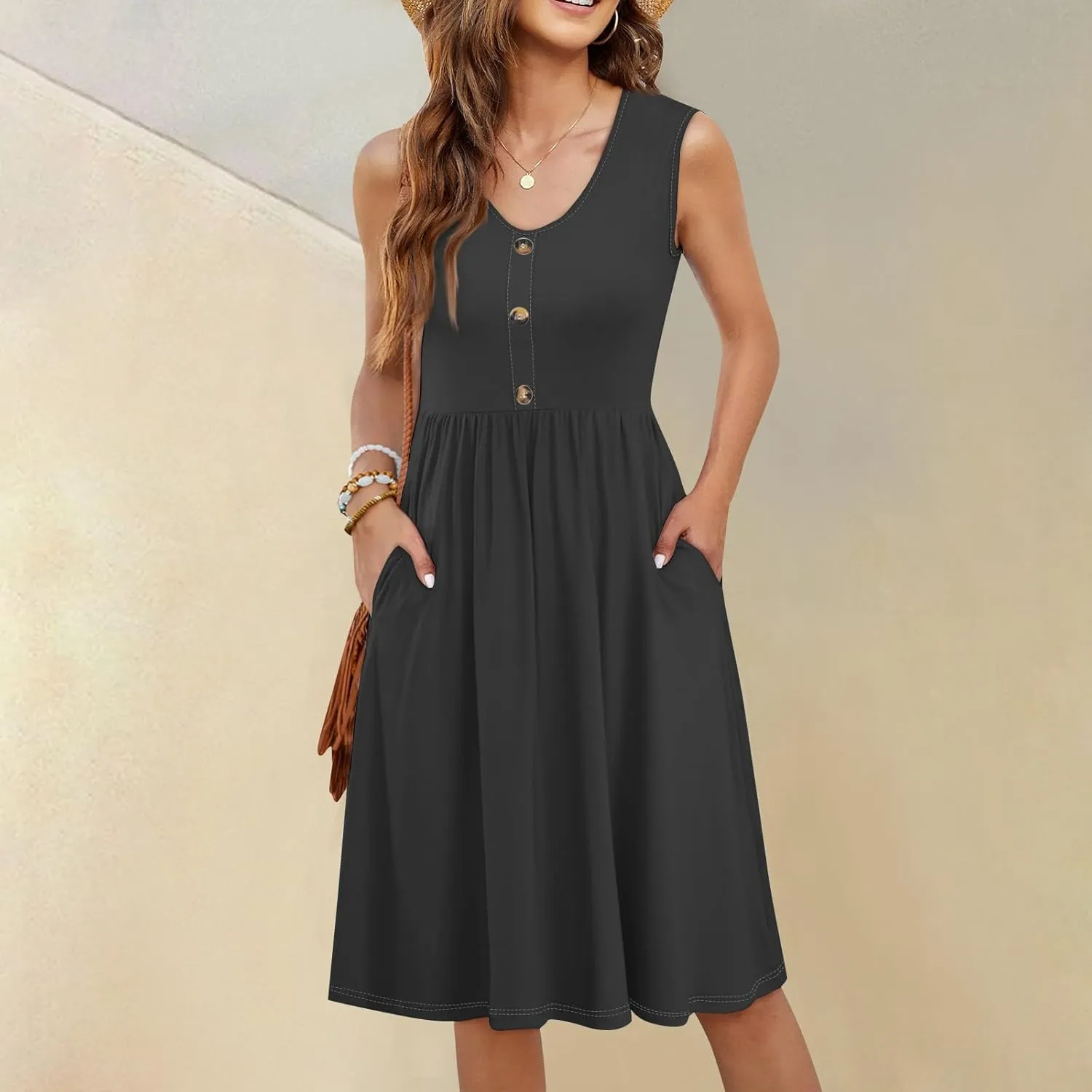 Sundresses for Women 2025 Sleeveless Midi Dress with Pockets V Neck Button Down Summer Dresses for Baech Vacation