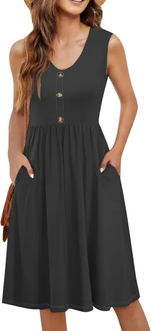Sundresses for Women 2025 Sleeveless Midi Dress with Pockets V Neck Button Down Summer Dresses for Baech Vacation