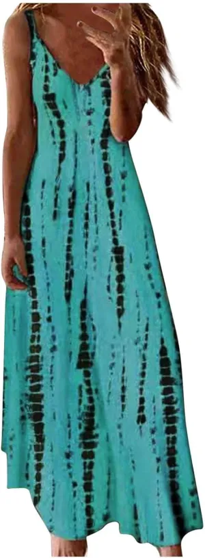 Sundresses for Women Casual Summer 2024 Boho Floral Print Spaghetti Strap Long Maxi Dresses Flowy Swing Beach Vacation Dress