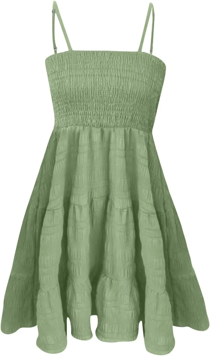 Sundresses for Women Cute Spaghetti Strap Smocked Tiered Mini Dress Casual Summer Boho Flowy Swing Beach Sun Dresses