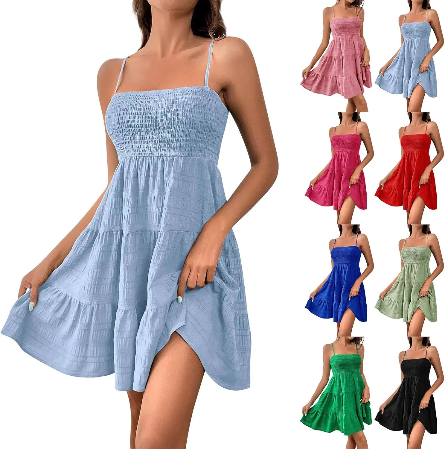 Sundresses for Women Cute Spaghetti Strap Smocked Tiered Mini Dress Casual Summer Boho Flowy Swing Beach Sun Dresses