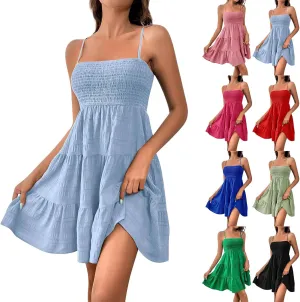 Sundresses for Women Cute Spaghetti Strap Smocked Tiered Mini Dress Casual Summer Boho Flowy Swing Beach Sun Dresses