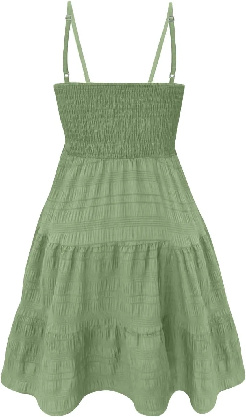 Sundresses for Women Cute Spaghetti Strap Smocked Tiered Mini Dress Casual Summer Boho Flowy Swing Beach Sun Dresses