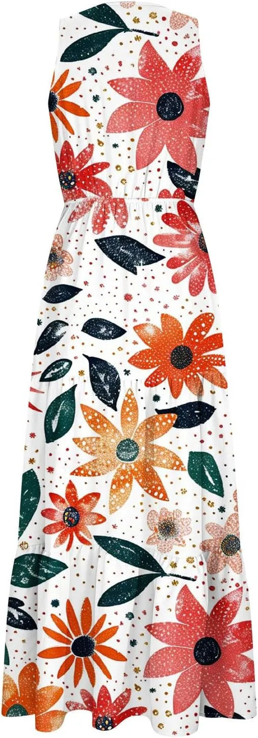 TANGNADE Women Summer Dresses Casual Sleeveless Maxi Dresses V Neck Cute Long Dress Wedding Guest Dress