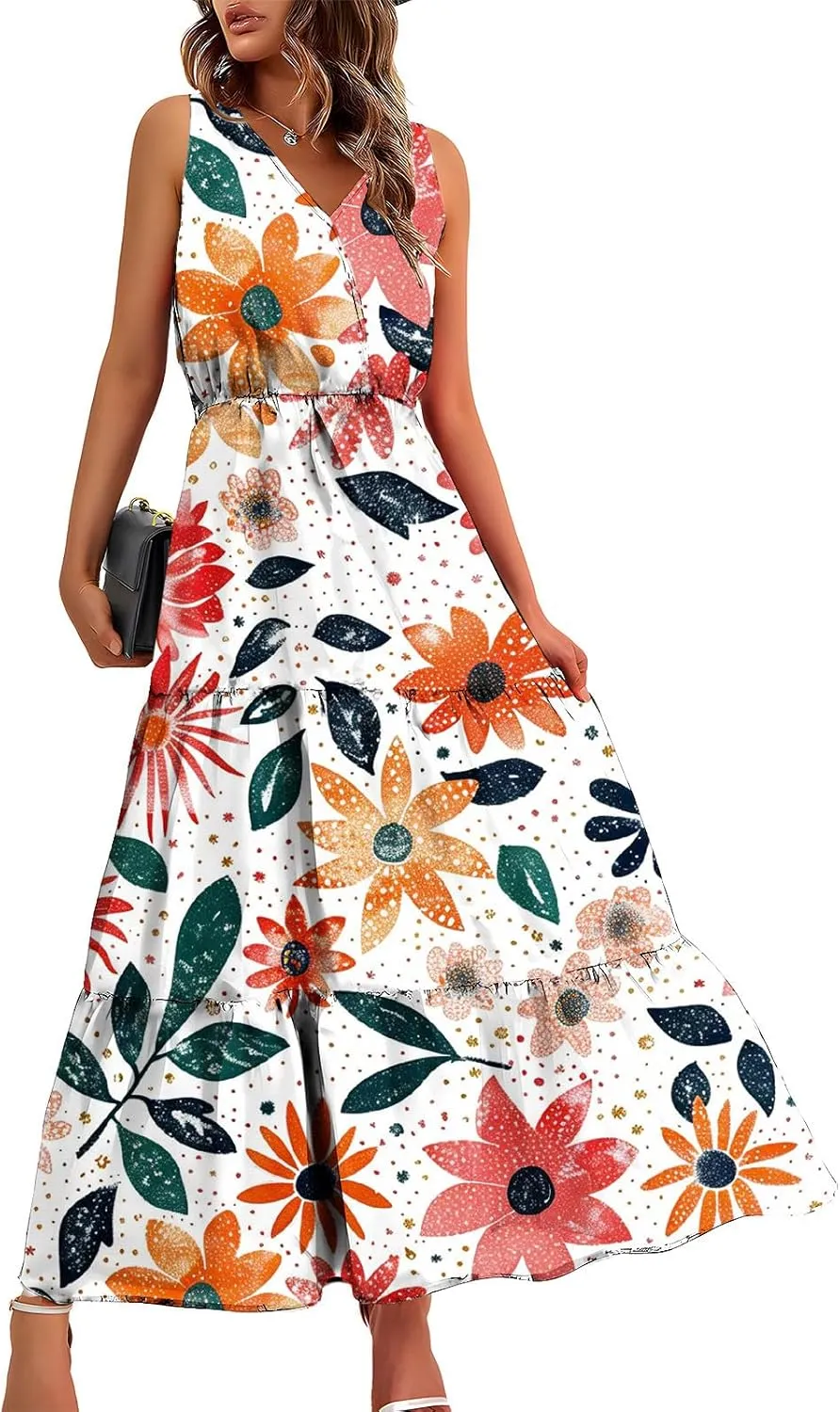 TANGNADE Women Summer Dresses Casual Sleeveless Maxi Dresses V Neck Cute Long Dress Wedding Guest Dress
