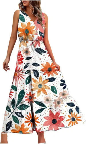TANGNADE Women Summer Dresses Casual Sleeveless Maxi Dresses V Neck Cute Long Dress Wedding Guest Dress