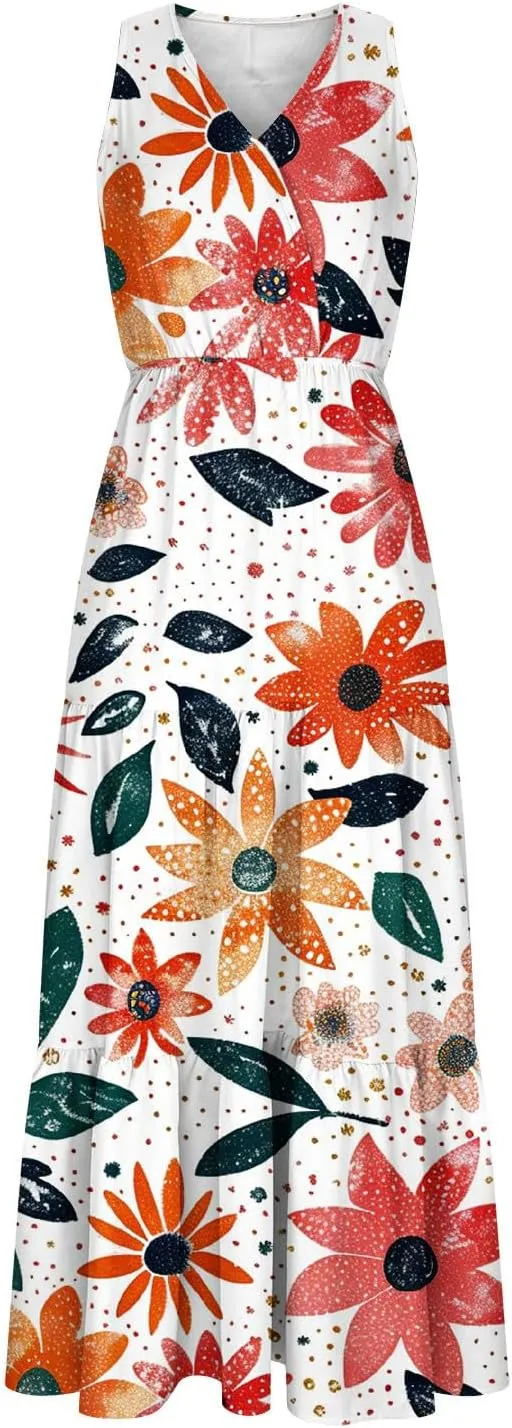 TANGNADE Women Summer Dresses Casual Sleeveless Maxi Dresses V Neck Cute Long Dress Wedding Guest Dress
