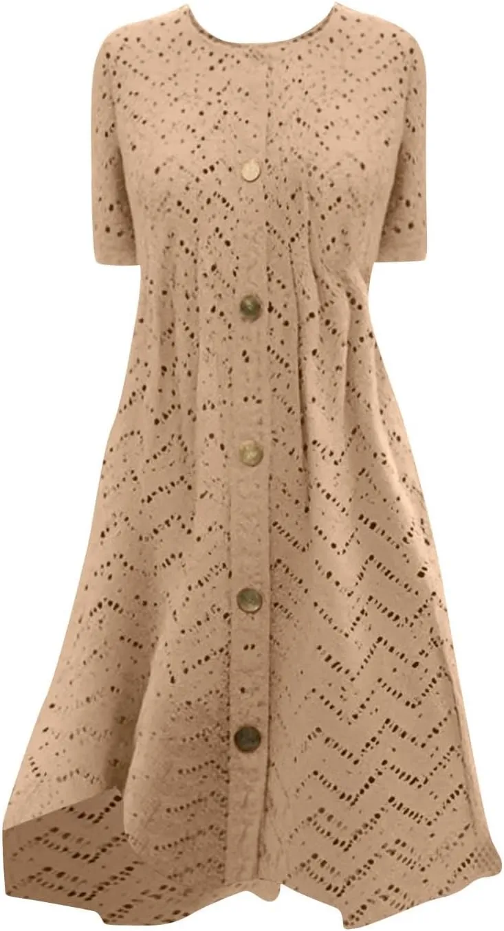 TANGNADE Womens Summer Crewneck Short Sleeve Midi Dress Eyelet Button Pleated A Line Casual Flowy Dresses Sundress