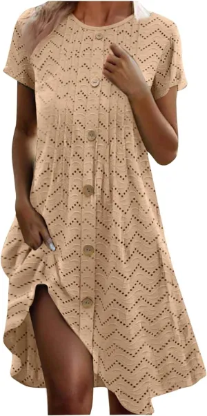 TANGNADE Womens Summer Crewneck Short Sleeve Midi Dress Eyelet Button Pleated A Line Casual Flowy Dresses Sundress