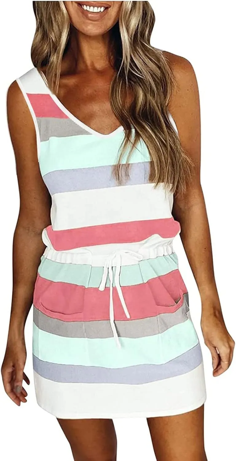 TARIENDY Dresses for Women Casual Summer Striped Dress Sleeveless Drawstring Sundress Comfy Vacation Outfits with Pockets