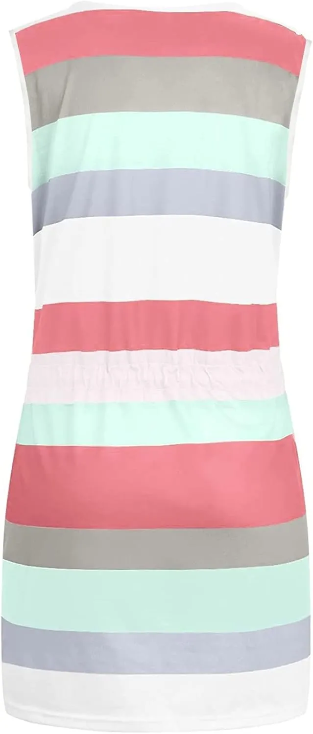TARIENDY Dresses for Women Casual Summer Striped Dress Sleeveless Drawstring Sundress Comfy Vacation Outfits with Pockets