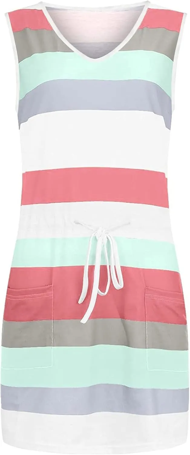 TARIENDY Dresses for Women Casual Summer Striped Dress Sleeveless Drawstring Sundress Comfy Vacation Outfits with Pockets