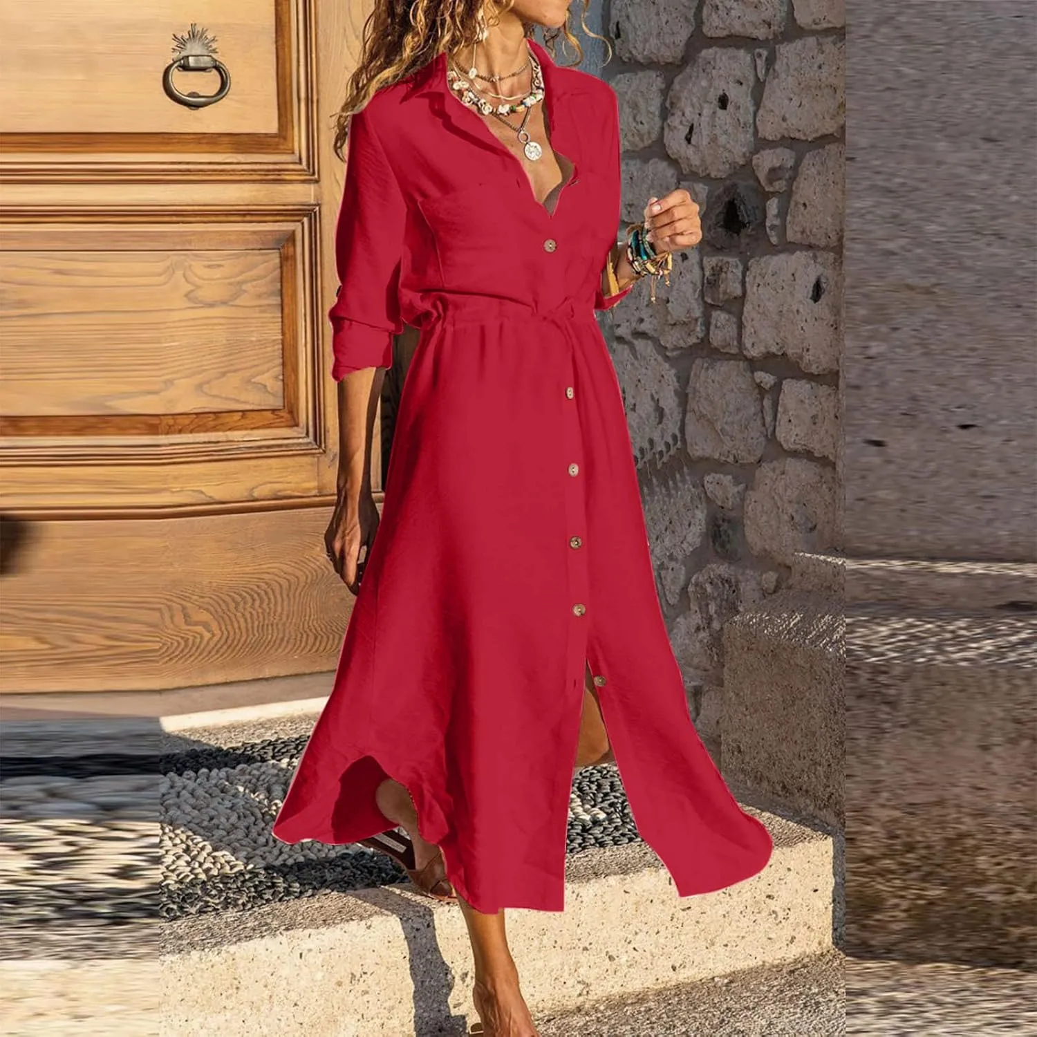 TARIENDY Maxi Dress for Women,Women's Button Down Vacation Outfits Long Sleeve Dresses Plus Size Summer Shirt Sundresses