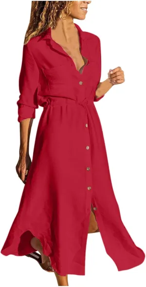 TARIENDY Maxi Dress for Women,Women's Button Down Vacation Outfits Long Sleeve Dresses Plus Size Summer Shirt Sundresses
