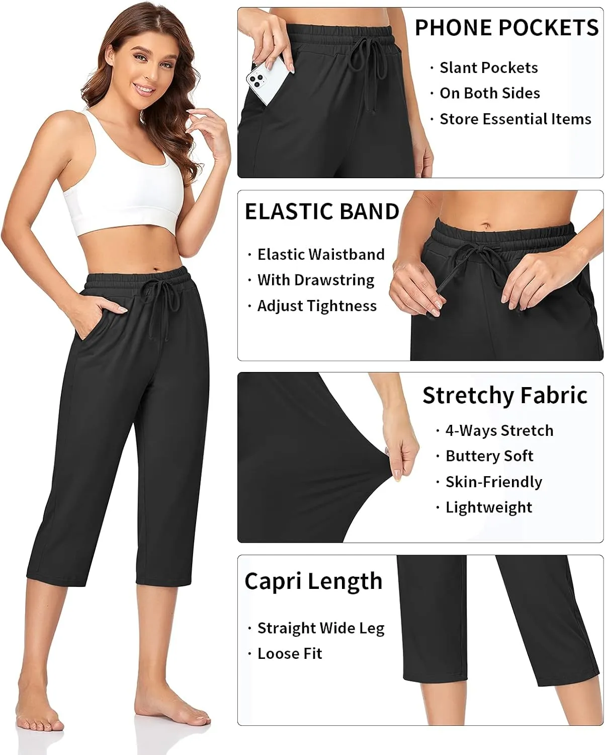 TARSE Women's Capri Yoga Pants Loose Soft Drawstring Workout Sweatpants Causal Lounge Pants with Pockets