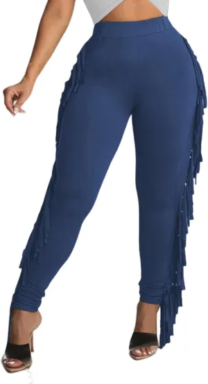 Tcremisa Women's Casual Fringe Pants High Waist Side Tassel Trousers Long Lounge Joggers Hippie Yoga Sweatpants