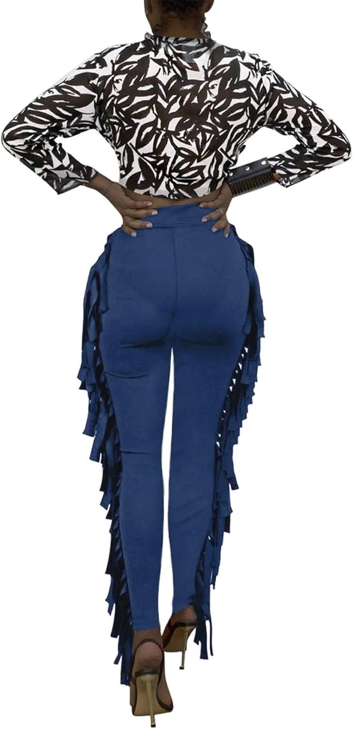 Tcremisa Women's Casual Fringe Pants High Waist Side Tassel Trousers Long Lounge Joggers Hippie Yoga Sweatpants