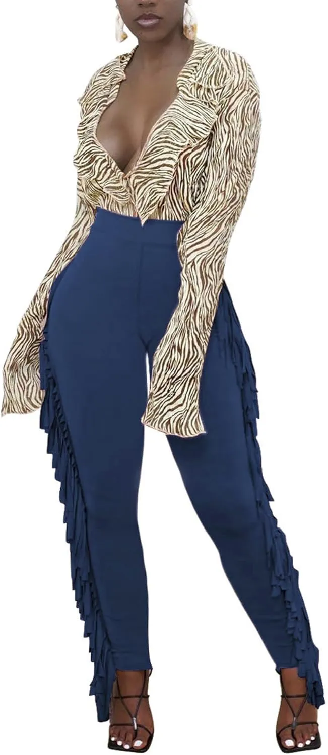 Tcremisa Women's Casual Fringe Pants High Waist Side Tassel Trousers Long Lounge Joggers Hippie Yoga Sweatpants