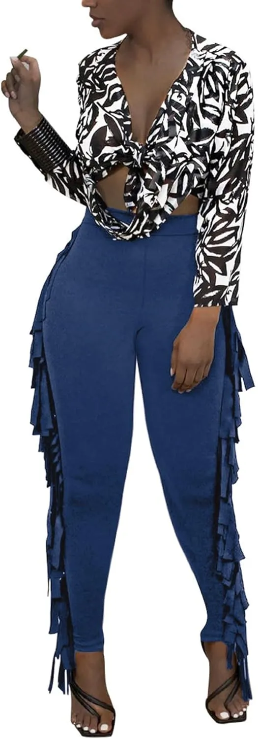 Tcremisa Women's Casual Fringe Pants High Waist Side Tassel Trousers Long Lounge Joggers Hippie Yoga Sweatpants