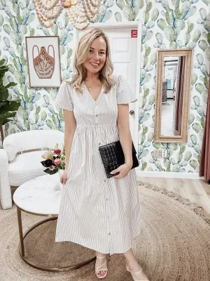 The Laurel V-Neck Button up Short Sleeve Maxi Dress - Ivory/Black Stripe