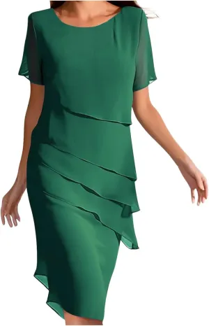 Tiered Chiffon Cocktail Dresses for Women Summer Flowy Elegant Midi Dress Layered Short Sleeve Wedding Guest Dress