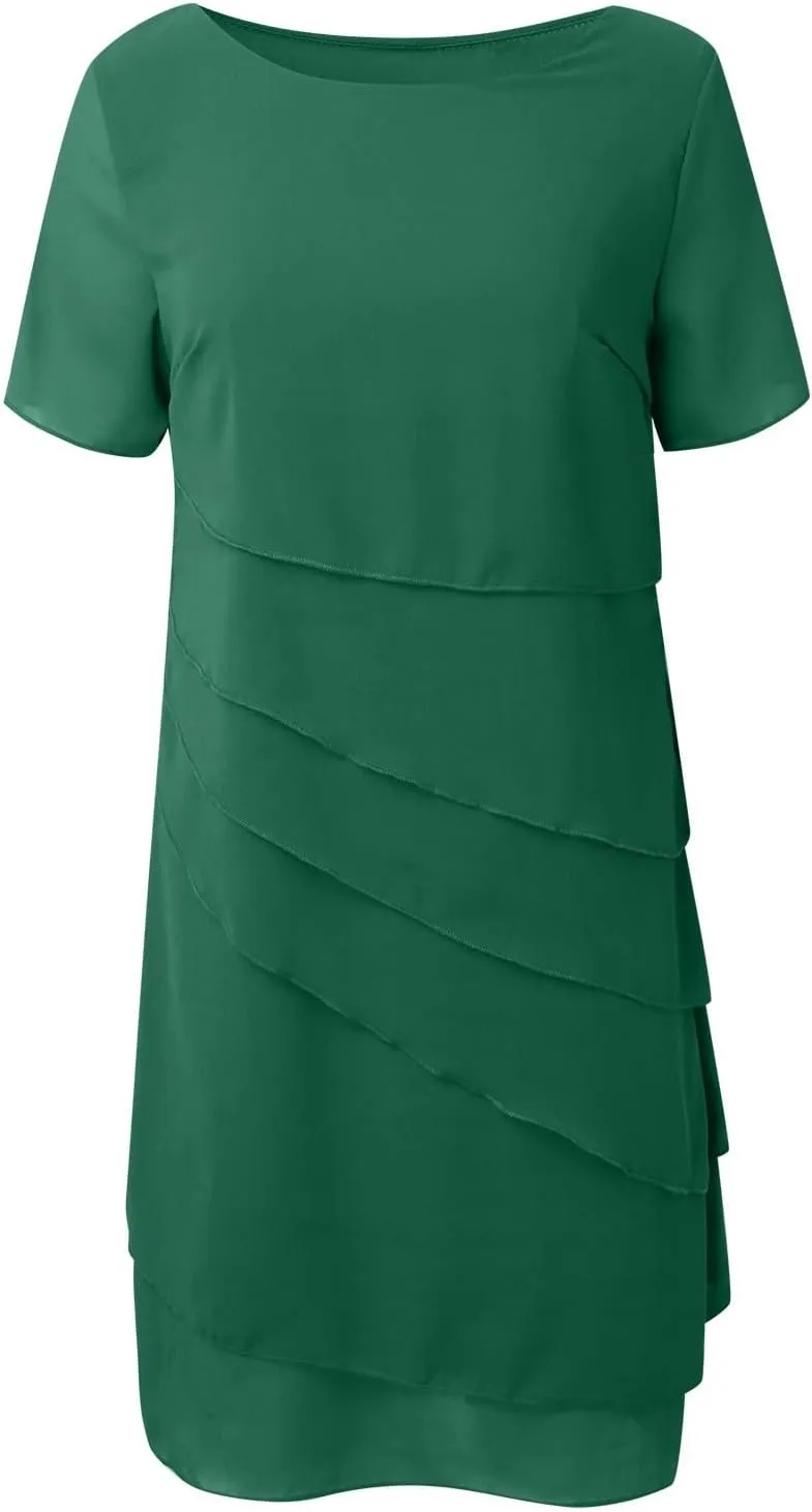 Tiered Chiffon Cocktail Dresses for Women Summer Flowy Elegant Midi Dress Layered Short Sleeve Wedding Guest Dress