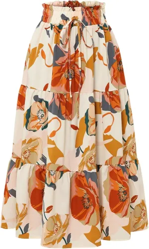 Tiered Maxi Skirts for Women Comfy Ruffle Hem Flowy Swing Elastic High Waisted Summer Cover Ups Long Skorts