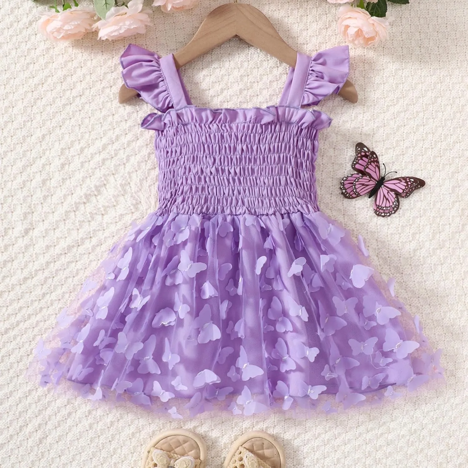 Toddler Girls Tulle Dress Kids 3D Butterfly Applique Ruffle Straps Smocked Button A-Line Summer Dresses 1-5 Years