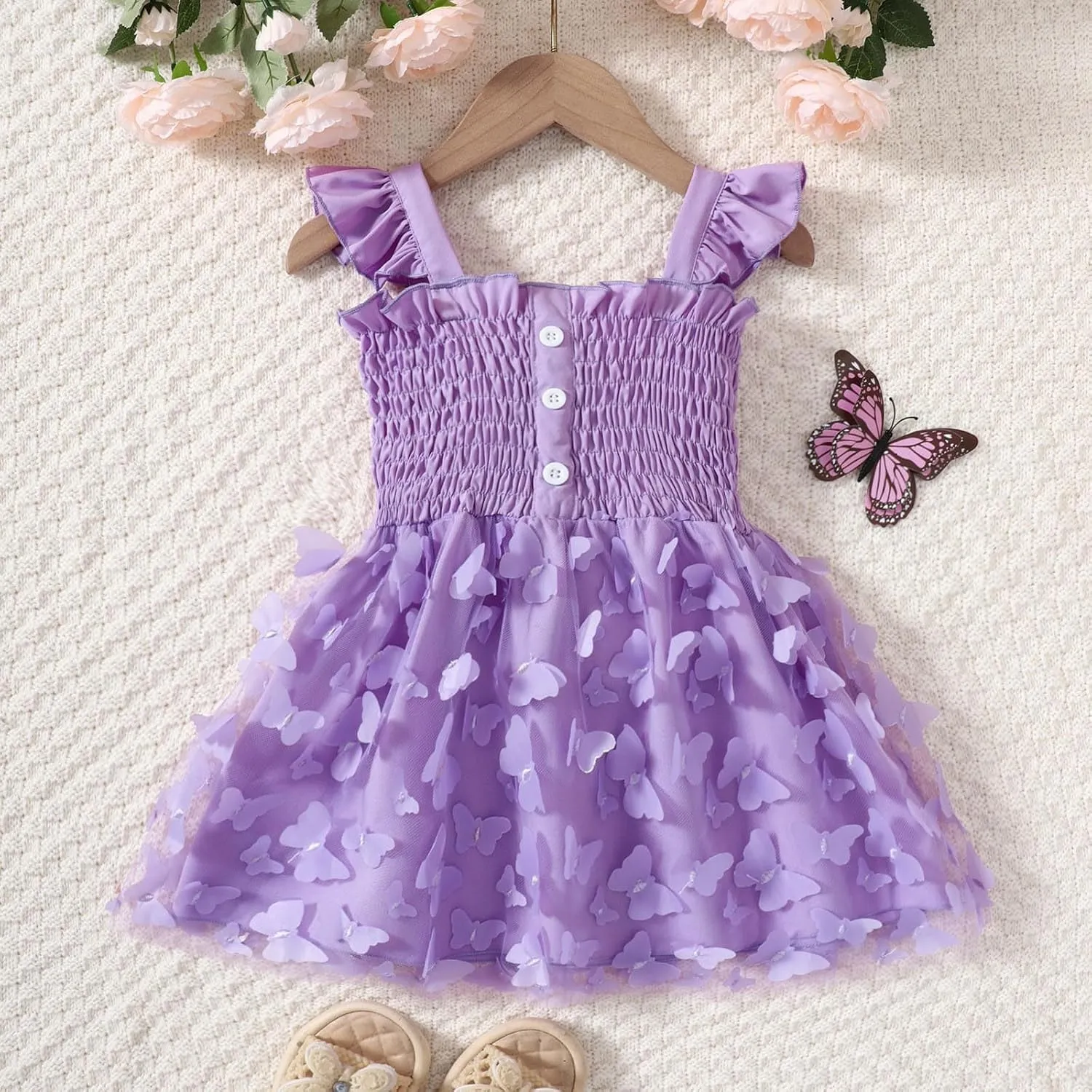 Toddler Girls Tulle Dress Kids 3D Butterfly Applique Ruffle Straps Smocked Button A-Line Summer Dresses 1-5 Years
