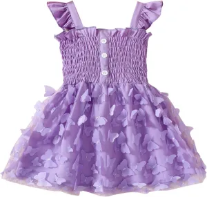 Toddler Girls Tulle Dress Kids 3D Butterfly Applique Ruffle Straps Smocked Button A-Line Summer Dresses 1-5 Years