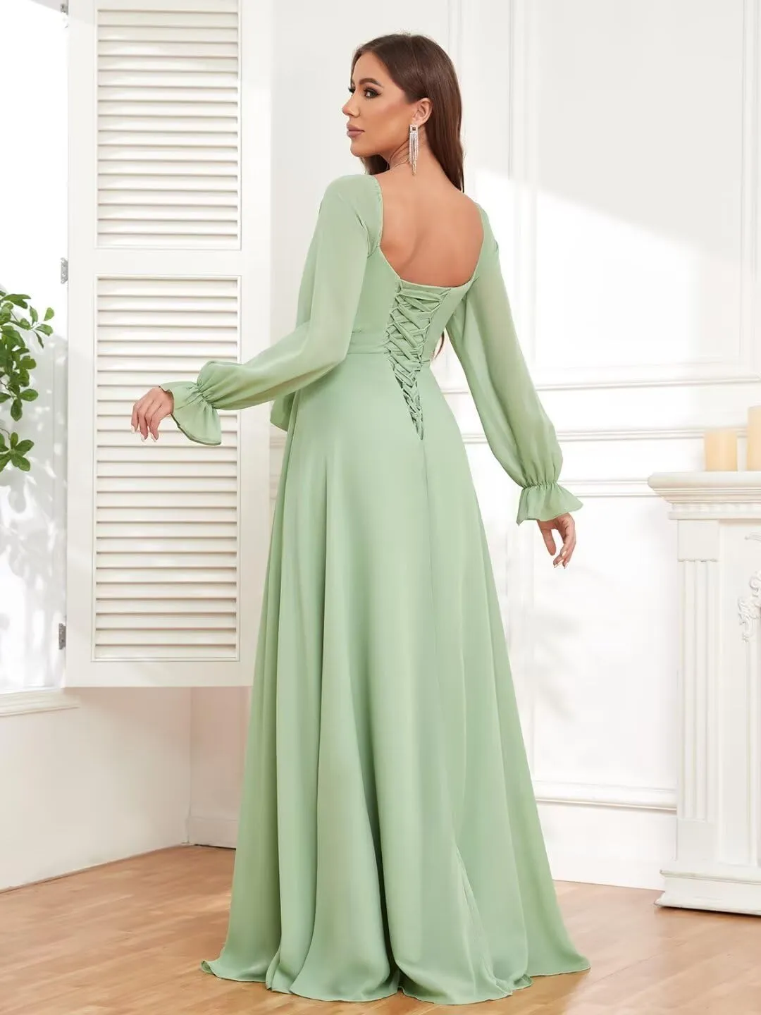 TORYEMY Chiffon Long Sleeve Bridesmaid Dresses for Wedding V Neck Long Formal Evening Gown with Slit