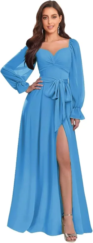 TORYEMY Chiffon Long Sleeve Bridesmaid Dresses for Wedding V Neck Long Formal Evening Gown with Slit