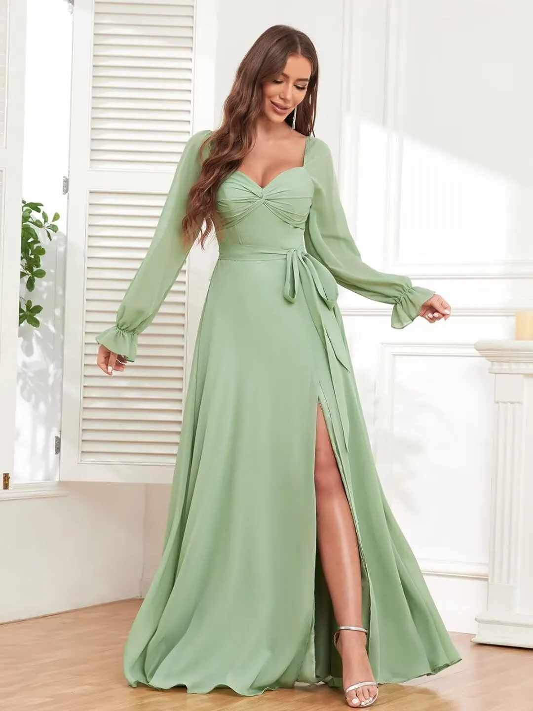 TORYEMY Chiffon Long Sleeve Bridesmaid Dresses for Wedding V Neck Long Formal Evening Gown with Slit