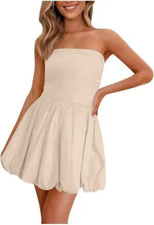Tube Top Dress for Women Summer Solid Strapless Mini Dresses Off The Shoudle Ruffle Beach Dress