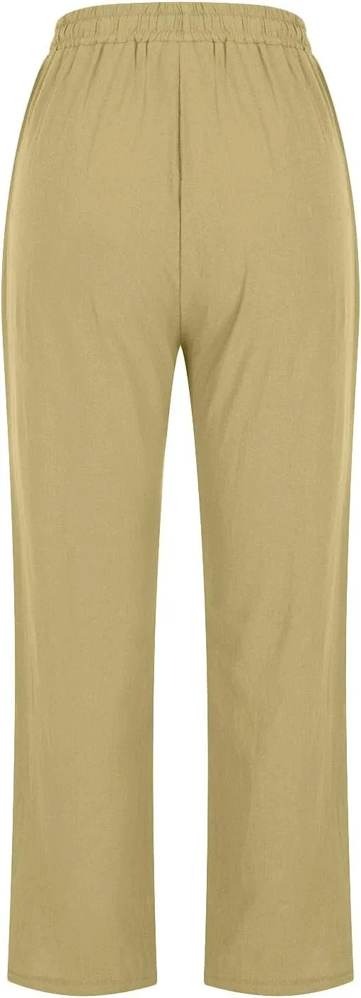 tuduoms High Waisted Wide Leg Pants for Women Cotton Linen Work Causal Pants Summer Drawstring Long Straight Lounge Trousers