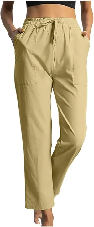 tuduoms High Waisted Wide Leg Pants for Women Cotton Linen Work Causal Pants Summer Drawstring Long Straight Lounge Trousers