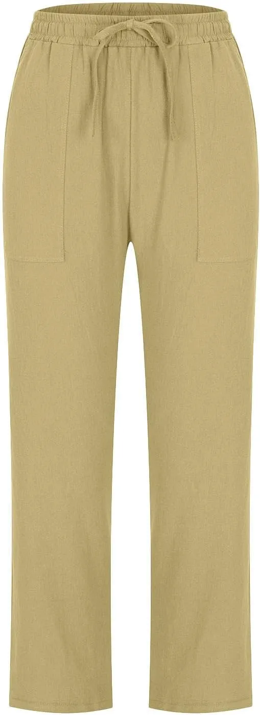 tuduoms High Waisted Wide Leg Pants for Women Cotton Linen Work Causal Pants Summer Drawstring Long Straight Lounge Trousers