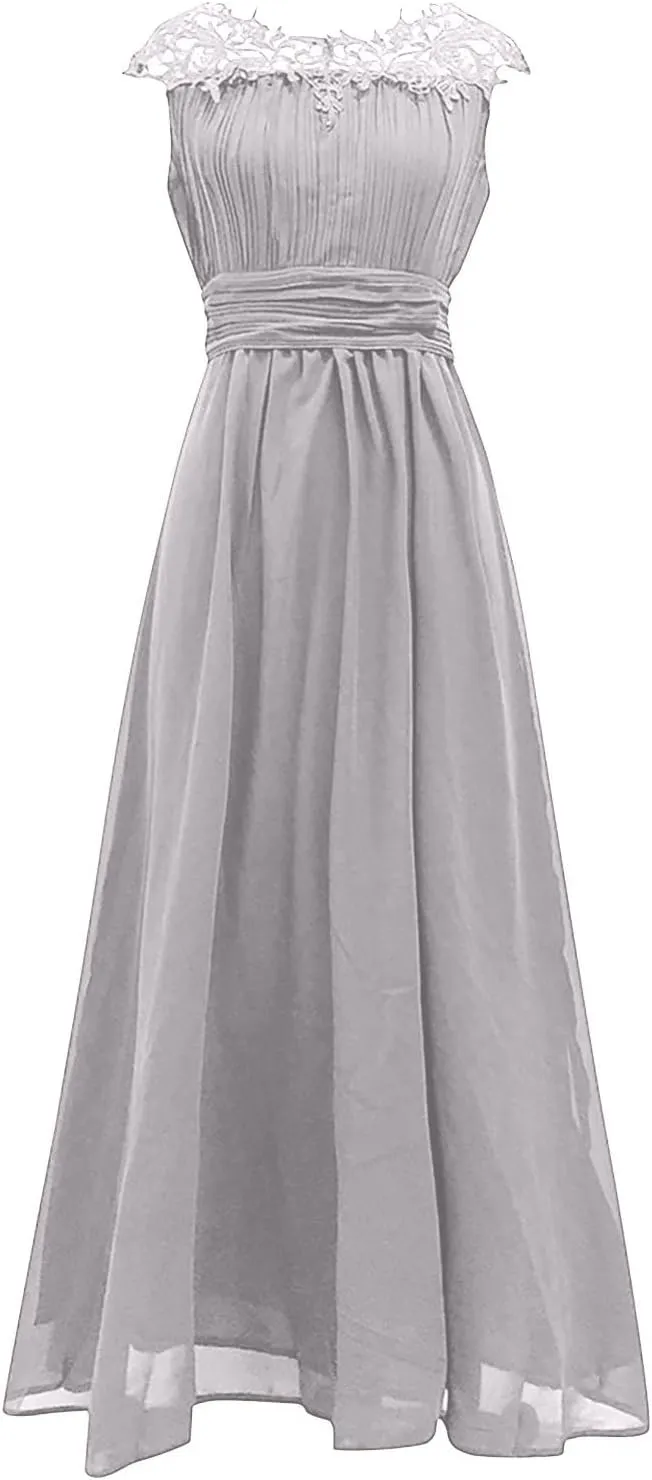 Uillui Womnes Gowns and Evening Dresses for Wedding Guest Fairy Lace Crochet Chiffon Maxi Dresses Formal Evening Party Gowns