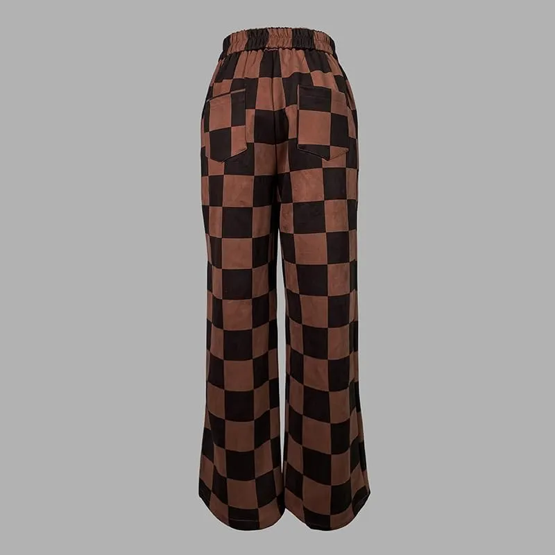 UOOZEE Women's Casual Plaid Wide Leg Pants Elastic High Waist Long Pants Trousers with Pockets