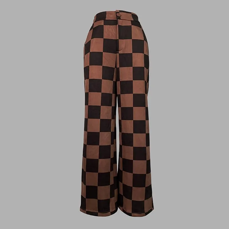 UOOZEE Women's Casual Plaid Wide Leg Pants Elastic High Waist Long Pants Trousers with Pockets