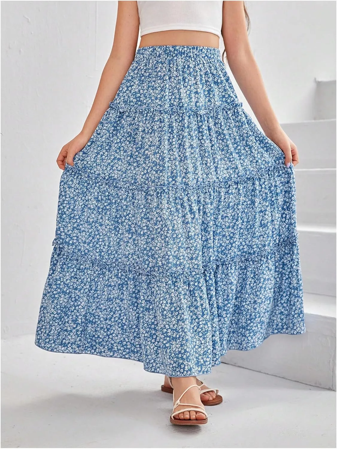 Verdusa Girl's Floral Print Elastic High Waist Ruffle Flowy Long Maxi Skirts