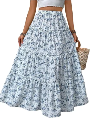 Verdusa Girl's Floral Print Elastic High Waist Ruffle Flowy Long Maxi Skirts